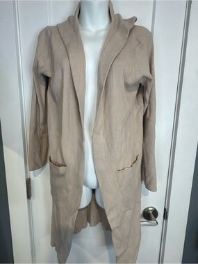 Open-Front Long Hooded Cardigan Jacket - Beige